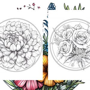 以下が含まれることがあります： 白黒の花の線画イラスト。1つは詳細なダリア、もう1つはバラの花束です。どちらも円形のフレームに囲まれています。背景には追加の花の要素が見えます。