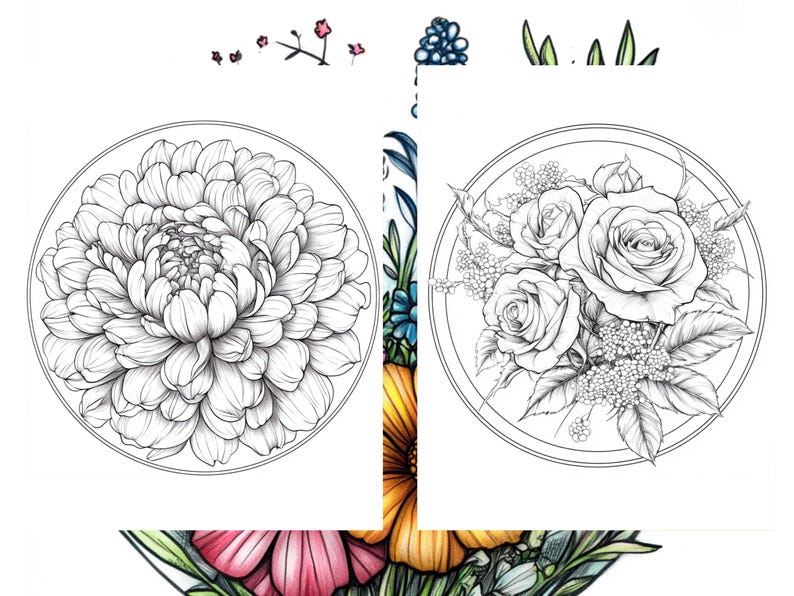 以下が含まれることがあります： 白黒の花の線画イラスト。1つは詳細なダリア、もう1つはバラの花束です。どちらも円形のフレームに囲まれています。背景には追加の花の要素が見えます。