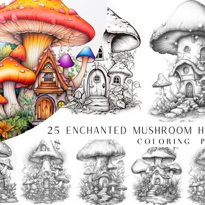 Pode incluir: 25 Páginas para Colorir de Casas de Cogumelos Encantadas. Um conjunto de páginas para colorir que apresentam casas de cogumelos fantásticas com detalhes intrincados. As páginas são perfeitas para adultos e crianças que gostam de colorir e arte de fantasia.