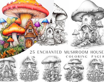 25 Enchanted Mushroom House Coloring Pages - Adult And Kids Coloring Book, Greyscale, Coloring Sheets, Instant Download, Printable PDF File.