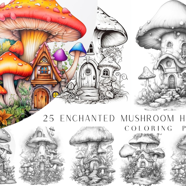 25 Enchanted Mushroom House Coloring Pages - Adult And Kids Coloring Book, Greyscale, Coloring Sheets, Instant Download, Printable PDF File.