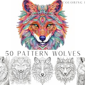 Puede incluir: Una portada de libro para colorear con un lobo colorido y estampado con detalles intrincados. El título "50 Pattern Wolves" se muestra debajo del lobo. La portada también muestra cinco ilustraciones de lobos en blanco y negro.