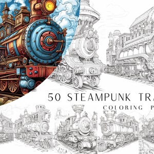 Peut inclure: Un ensemble de 50 pages à colorier représentant des trains steampunk. Les pages sont des dessins au trait noir et blanc d'trains complexes et détaillés avec des engrenages, des tuyaux et d'autres éléments steampunk.