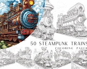 50 Steampunk Train Coloring Pages - Kids And Adult Coloring Book, Fantasy, Grayscale Coloring Page, Instant Download, Printable PDF File