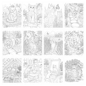 May include: A collection of twelve black and white line art illustrations featuring kittens in various settings, including gardens, indoor rooms, and nature scenes. Each rectangular panel depicts a cat interacting with flowers, butterflies, or objects.