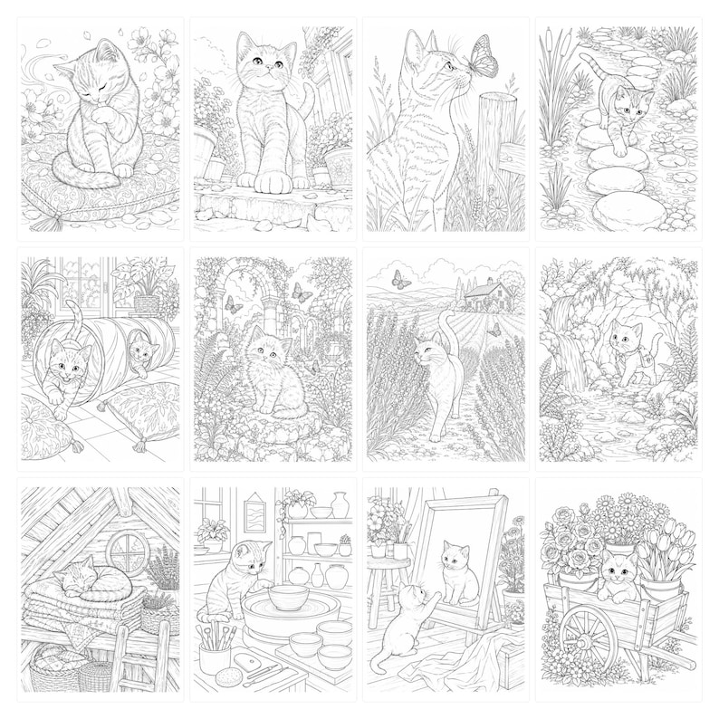 May include: A collection of twelve black and white line art illustrations featuring kittens in various settings, including gardens, indoor rooms, and nature scenes. Each rectangular panel depicts a cat interacting with flowers, butterflies, or objects.