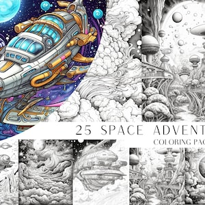 25 Space Adventure Coloring Pages - Kids And Adult Coloring Book, Grayscale Coloring Page, Instant Download, Printable PDF File