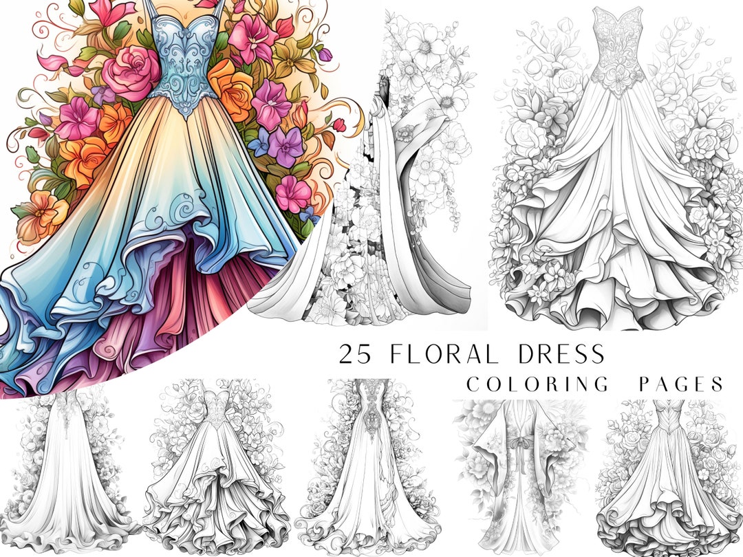 25 Floral Dress Coloring Pages - Adult and Kids Coloring Book, Floral ...