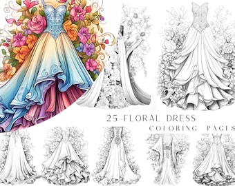 25 Floral Dress Coloring Pages - Adult And Kids Coloring Book, Floral Coloring Sheets, Instant Download, Printable PDF File.