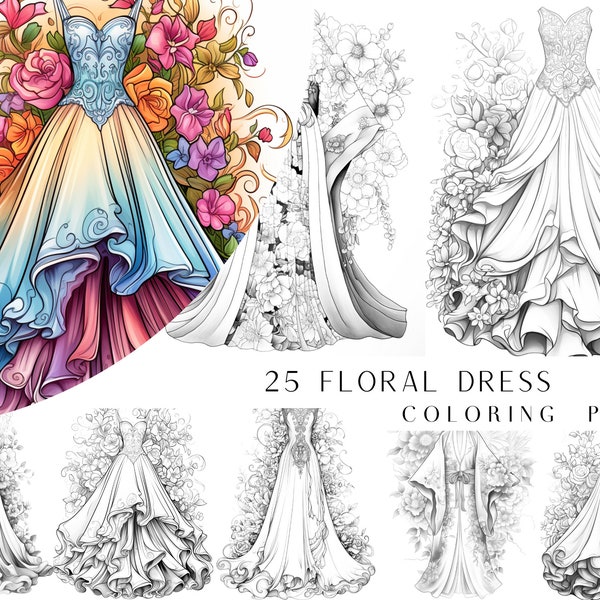 25 Floral Dress Coloring Pages - Adult And Kids Coloring Book, Floral Coloring Sheets, Instant Download, Printable PDF File.