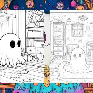 May include: A black and white line drawing of a spooky Halloween scene with a ghost in the center. The ghost is smiling and has two large eyes. The scene includes a bookshelf, a table, and a few pumpkins.