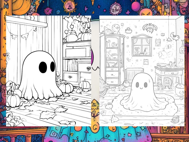May include: A black and white line drawing of a spooky Halloween scene with a ghost in the center. The ghost is smiling and has two large eyes. The scene includes a bookshelf, a table, and a few pumpkins.