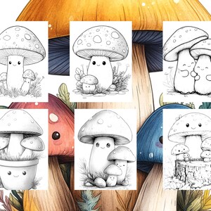 May include: A set of seven black and white line drawings of mushrooms with cute faces. The mushrooms are drawn in a cartoon style and have different shapes and sizes. Some of the mushrooms are growing in groups, while others are growing alone. The drawings are perfect for coloring or using as inspiration for your own art.