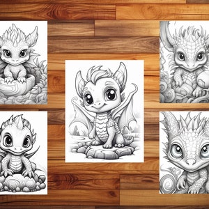May include: Set of five black and white coloring pages featuring cute baby dragons in various poses. Each dragon has large eyes, a small snout, and detailed scales. The dragons are in different settings, including a nest, a rock, and clouds.