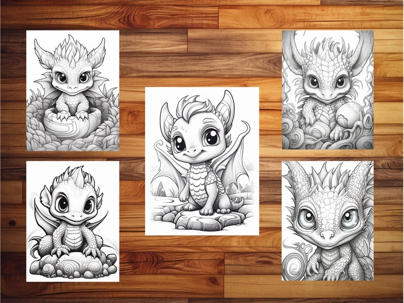 May include: Set of five black and white coloring pages featuring cute baby dragons in various poses. Each dragon has large eyes, a small snout, and detailed scales. The dragons are in different settings, including a nest, a rock, and clouds.