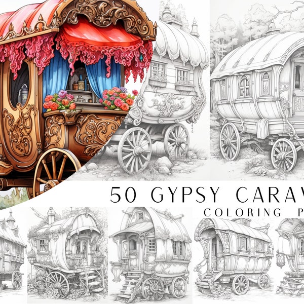 50 páginas para colorear de caravana gitana: libro para colorear para adultos y niños, escala de grises, hojas para colorear digitales, descarga instantánea, archivo PDF imprimible.