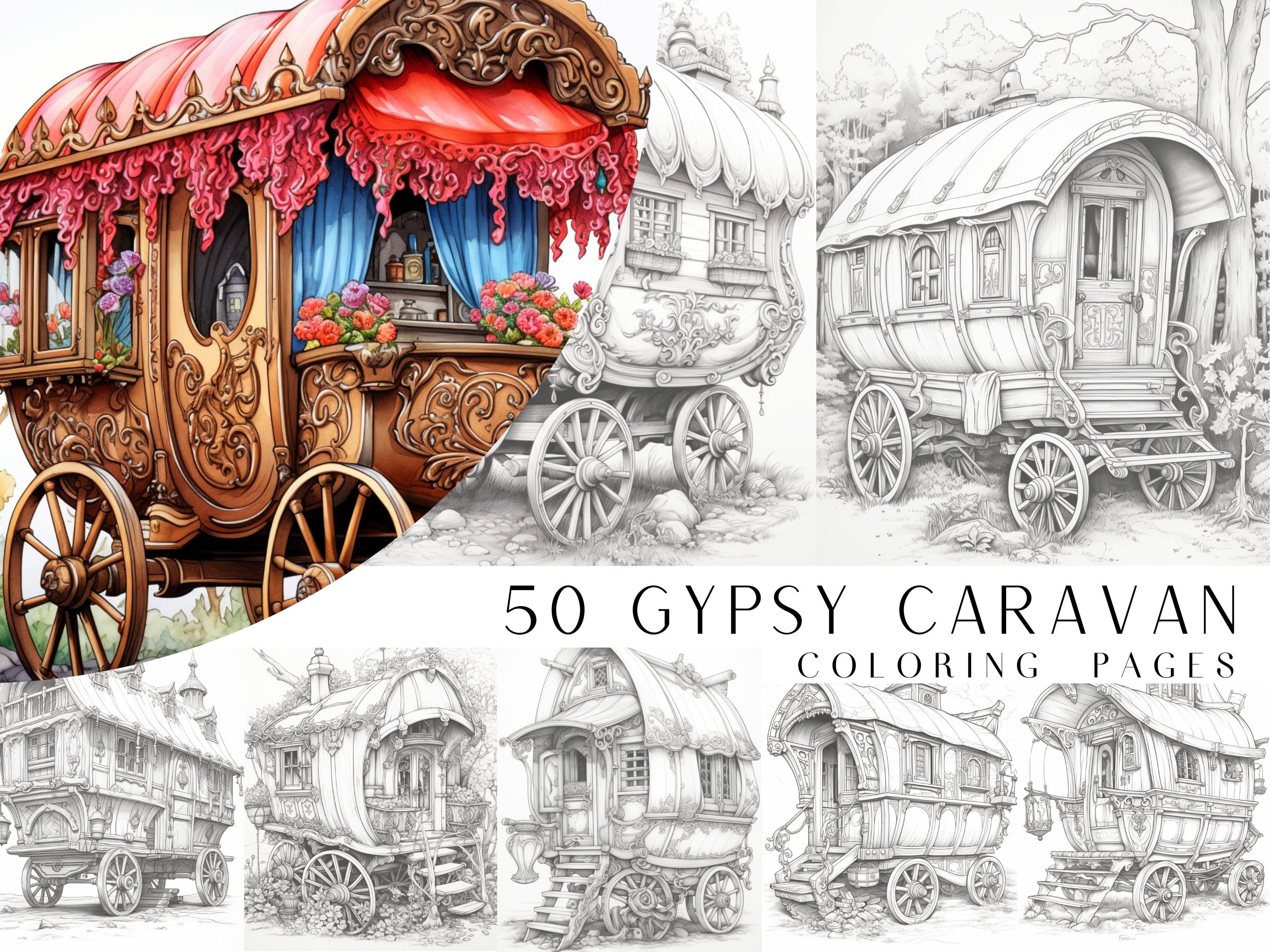 50 Gypsy Caravan Coloring Pages Adult and Kids Coloring Book, Greyscale ...