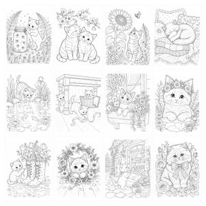 May include: A collection of twelve black and white line art illustrations featuring kittens in various settings, including gardens with sunflowers, ponds with koi fish, cozy indoor scenes with pillows, and floral arrangements with rain boots.
