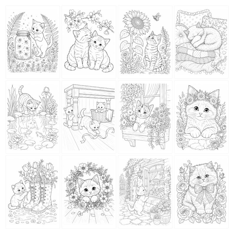 May include: A collection of twelve black and white line art illustrations featuring kittens in various settings, including gardens with sunflowers, ponds with koi fish, cozy indoor scenes with pillows, and floral arrangements with rain boots.