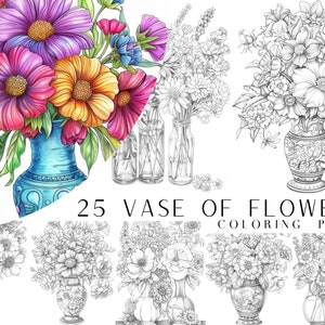 Op de afbeelding: 25 Vaas met bloemen kleurplaten. Een set van 25 kleurplaten met verschillende bloemstukken in vazen. Elke pagina is een zwart-witte lijntekening van een vaas vol bloemen.