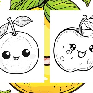 Op de afbeelding: Zwart-witte lijntekening van een cartoon-sinaasappel en appel met schattige gezichten. De sinaasappel heeft een vrolijke uitdrukking met gesloten ogen en een glimlach. De appel heeft een vrolijke uitdrukking met gesloten ogen en een wijd open mond. Beide vruchten hebben bladeren.