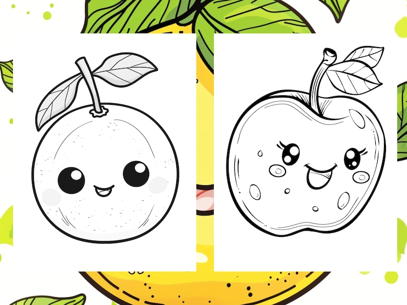 Op de afbeelding: Zwart-witte lijntekening van een cartoon-sinaasappel en appel met schattige gezichten. De sinaasappel heeft een vrolijke uitdrukking met gesloten ogen en een glimlach. De appel heeft een vrolijke uitdrukking met gesloten ogen en een wijd open mond. Beide vruchten hebben bladeren.