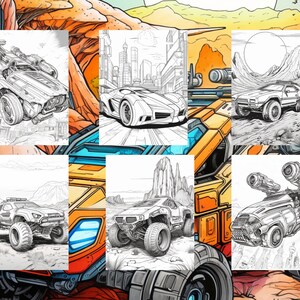 May include: A black and white coloring book page featuring a variety of futuristic vehicles. The vehicles are drawn in a detailed style, with intricate lines and shading. The page is perfect for adults and children who enjoy coloring.