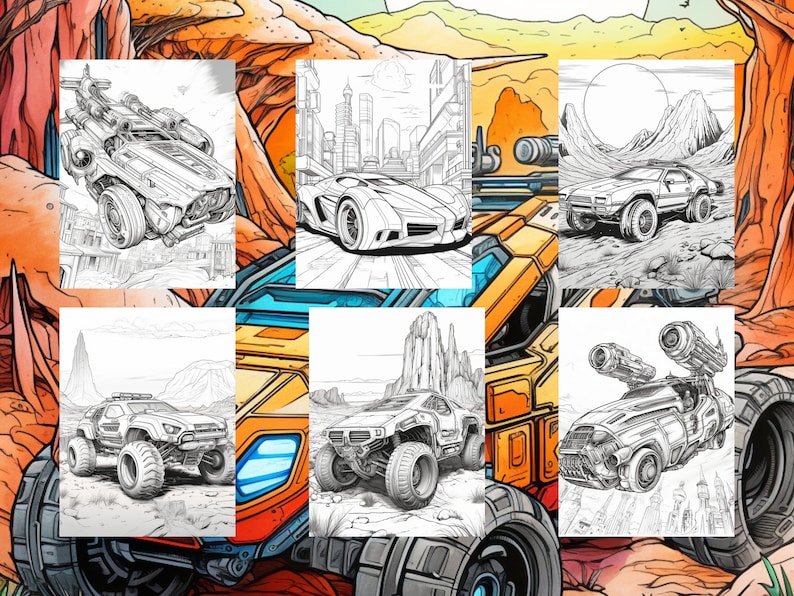 May include: A black and white coloring book page featuring a variety of futuristic vehicles. The vehicles are drawn in a detailed style, with intricate lines and shading. The page is perfect for adults and children who enjoy coloring.