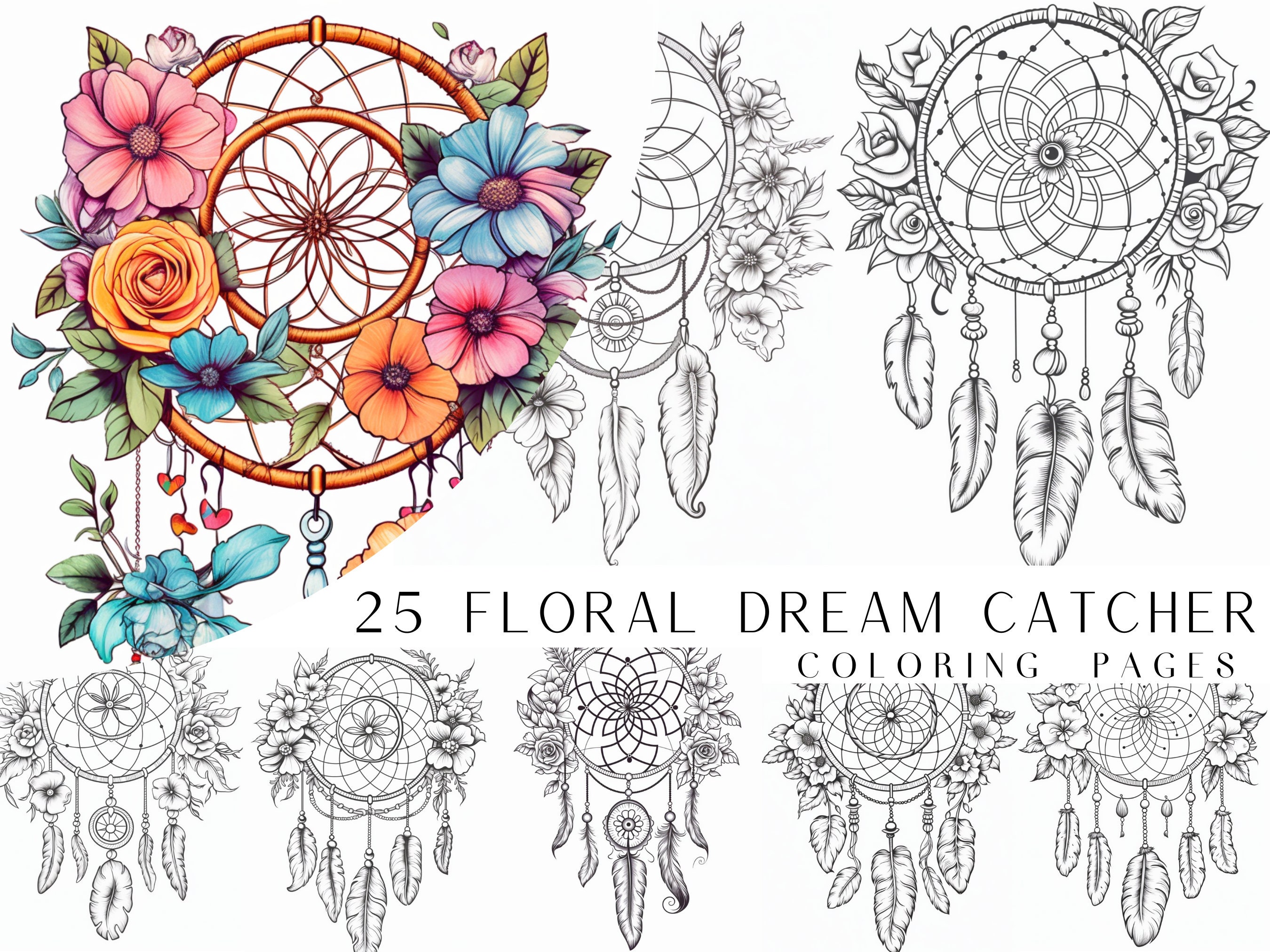25 páginas para colorear de atrapasueños florales en PDF imprimible – escala de grises y gris claro para adultos y niños, descarga instantánea
