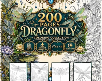 200 Dragonfly Coloring Pages, Floral Dragonflies & Nature Insect Coloring Book, Light + Dark Printable PDF