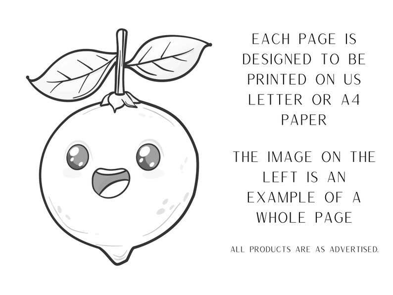 Op de afbeelding: Een zwart-witte lijntekening van een cartoon-sinaasappel met een vrolijk gezicht en twee bladeren bovenop. De tekst "EACH PAGE IS DESIGNED TO BE PRINTED ON US LETTER OR A4 PAPER THE IMAGE ON THE LEFT IS AN EXAMPLE OF A WHOLE PAGE ALL PRODUCTS ARE AS ADVERTISED." staat onder de sinaasappel.