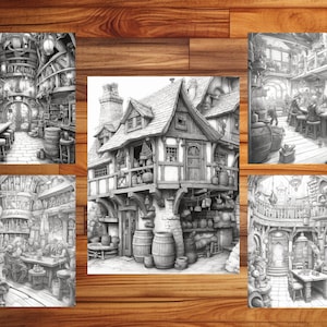 May include: A black and white illustration of a multi-level building with a large, ornate door and a balcony. The building is filled with details, including barrels, shelves, and a chandelier.