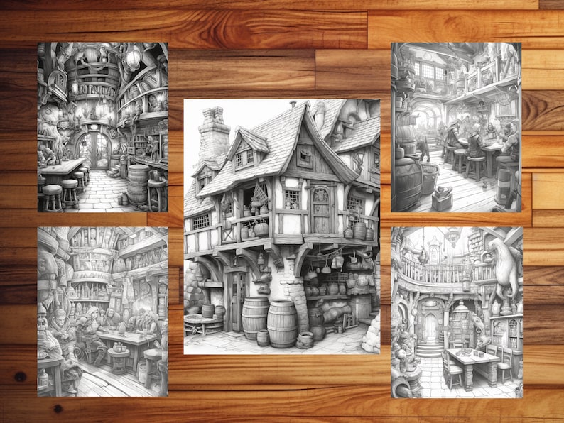 May include: A black and white illustration of a multi-level building with a large, ornate door and a balcony. The building is filled with details, including barrels, shelves, and a chandelier.