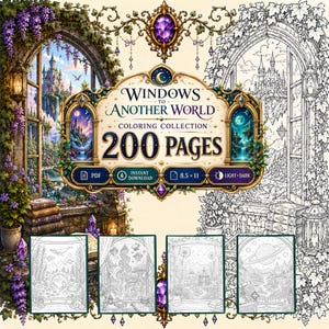 May include: A digital coloring collection titled Windows to Another World with 200 pages. The cover features a fantasy castle view, purple wisteria, and four sample line art pages. It includes PDF, instant download, and 8.5 x 11 inch labels.