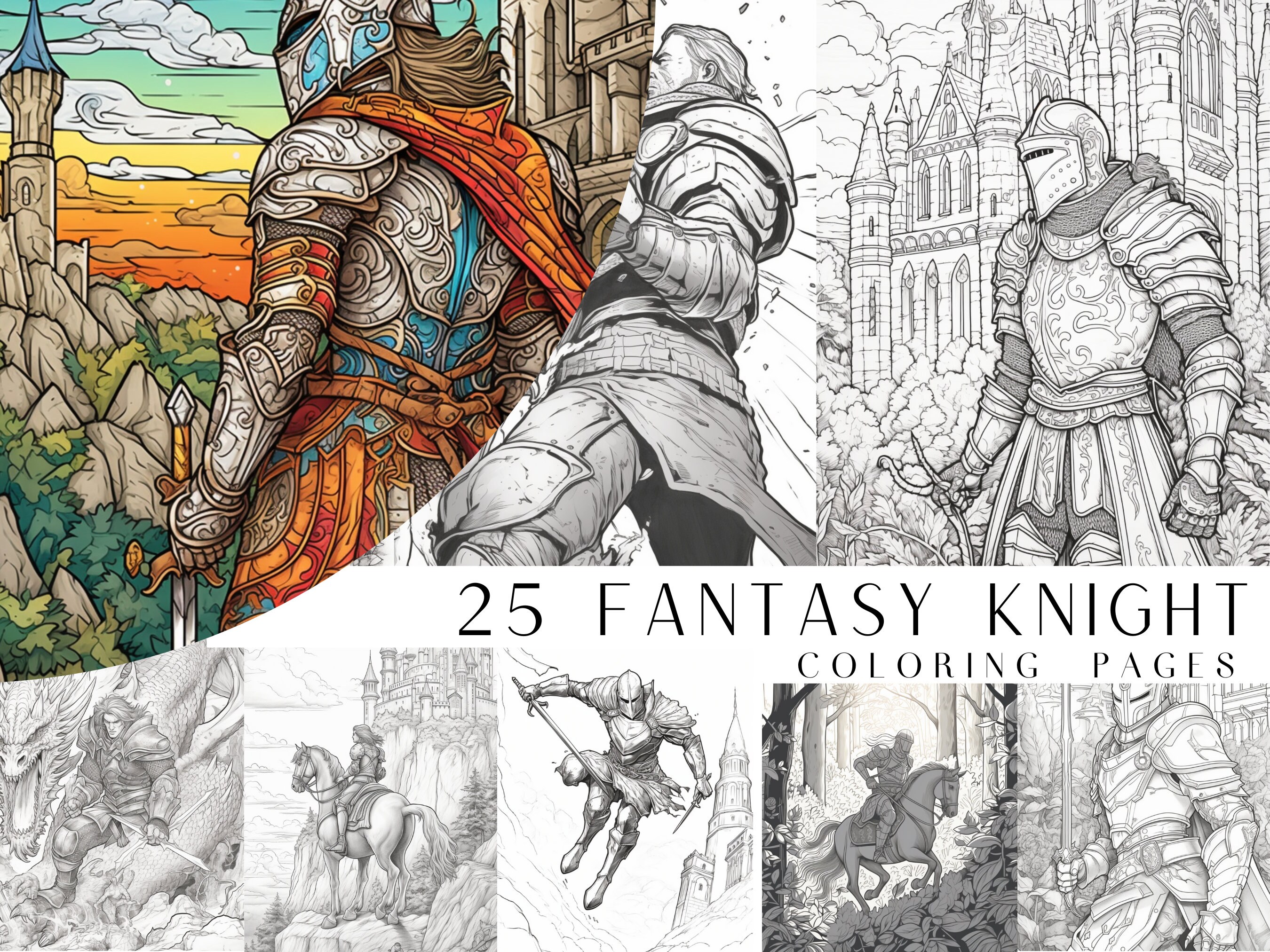 25 Fantasy Knight Coloring Pages Kids and Adults Coloring - Etsy