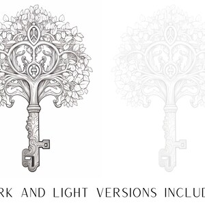 Puede incluir: Un dibujo en blanco y negro de una llave con forma de &aacute;rbol. La llave tiene un dise&ntilde;o detallado con hojas y ramas. La imagen incluye dos versiones, una con fondo oscuro y otra con fondo claro.