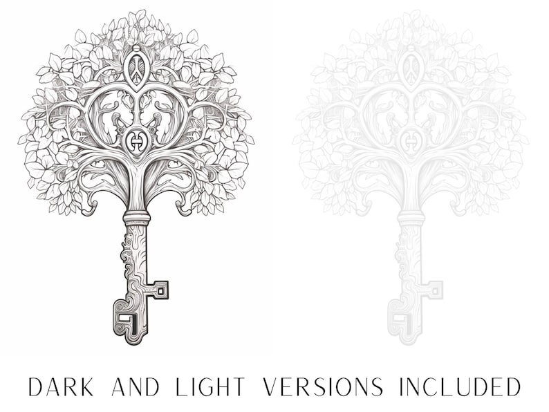 Puede incluir: Un dibujo en blanco y negro de una llave con forma de &aacute;rbol. La llave tiene un dise&ntilde;o detallado con hojas y ramas. La imagen incluye dos versiones, una con fondo oscuro y otra con fondo claro.