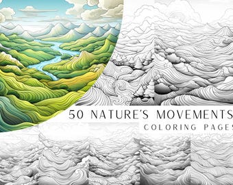 50 Nature's Movements Coloring Pages - Adults And Kids Coloring Book, Digital Coloring Sheets, Instant Download, Printable PDF File.