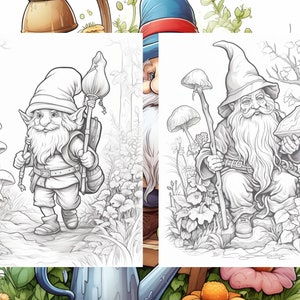 May include: A black and white line drawing of two gnomes. One gnome is walking with a backpack and a staff. The other gnome is sitting with a staff and a mushroom. Both gnomes have long beards and pointy hats.