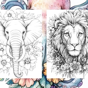 May include: A black and white line drawing of an elephant's head with flowers surrounding it. The elephant has large ears and a long trunk. The flowers are detailed and intricate.