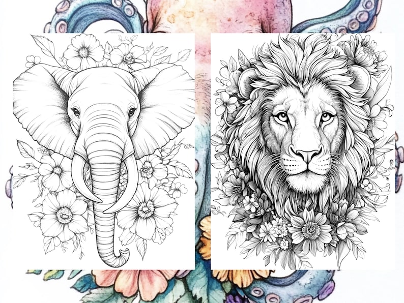 May include: A black and white line drawing of an elephant's head with flowers surrounding it. The elephant has large ears and a long trunk. The flowers are detailed and intricate.