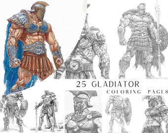 25 Gladiator Coloring Pages - Adult Coloring Book, Fantasy Coloring Sheets, Instant Download, Printable PDF File.