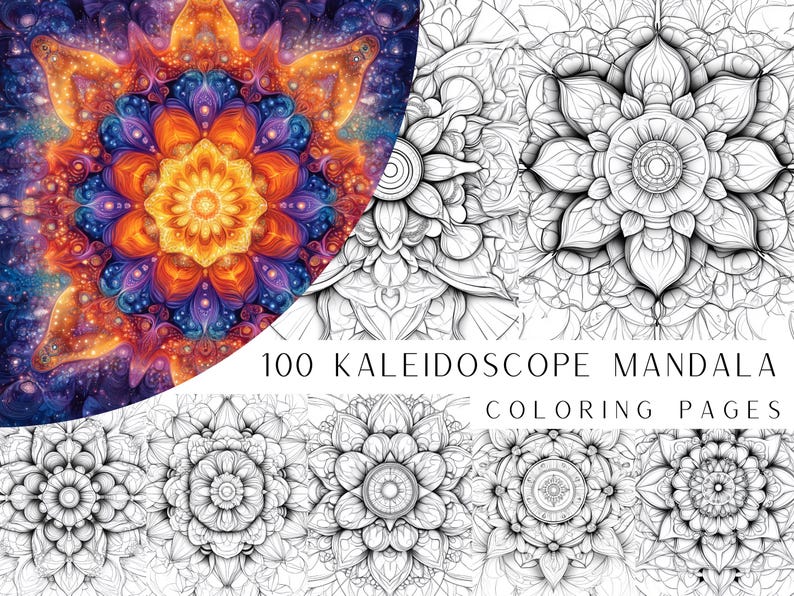 May include: A colorful mandala design with intricate details, perfect for coloring. The image shows a sample of the mandala design, with the text "100 Kaleidoscope Mandala Coloring Pages" below it.