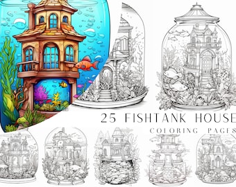 25 FishTank House Coloring Pages - Adults And Kids Coloring Book, Digital Coloring Sheets, Instant Download, Printable PDF File.