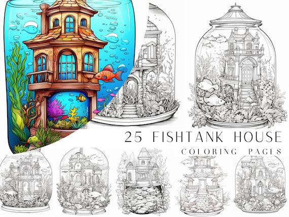 25 FishTank House Coloring Pages - Adults And Kids Coloring Book, Digital Coloring Sheets, Instant Download, Printable PDF File.