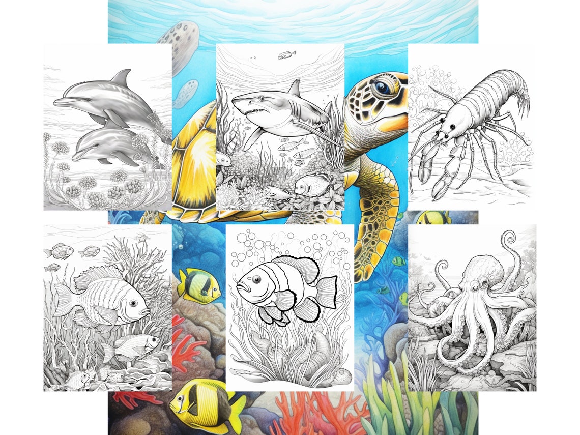50 Sea Creature Coloring Pages - Adult and Kids Coloring Book, Ocean ...