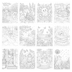 May include: A collection of twelve black and white line art illustrations featuring kittens in various settings, including gardens with flowers, butterflies, and household scenes with pillows, toys, and a lantern, designed for coloring activities.