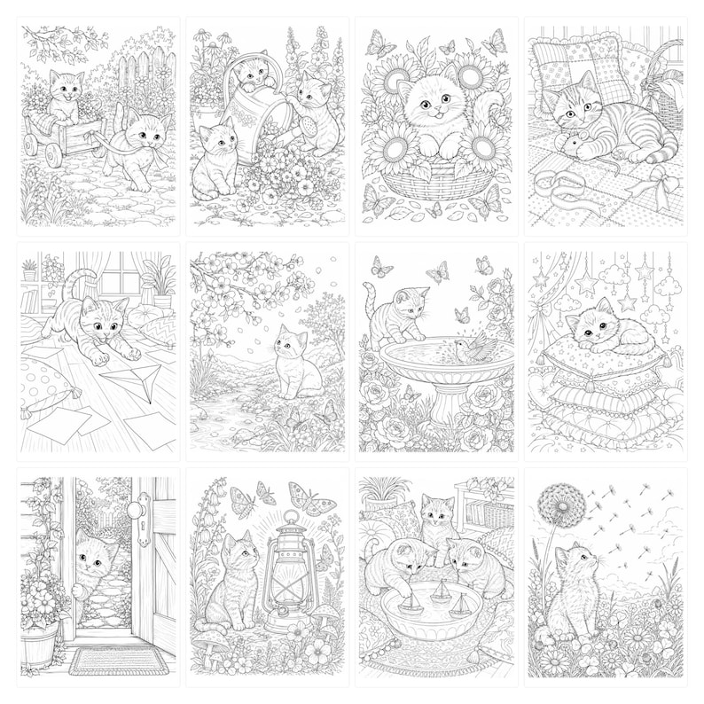 May include: A collection of twelve black and white line art illustrations featuring kittens in various settings, including gardens with flowers, butterflies, and household scenes with pillows, toys, and a lantern, designed for coloring activities.