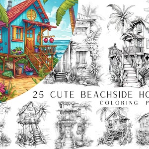 25 lindas páginas para colorear de casas junto a la playa: libro para colorear para adultos y niños, hojas para colorear, descarga instantánea, archivo PDF imprimible.