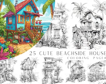 25 Cute Beachside House Coloring Pages - Adult And Kids Coloring Book, Coloring Sheets, Instant Download, Printable PDF File.